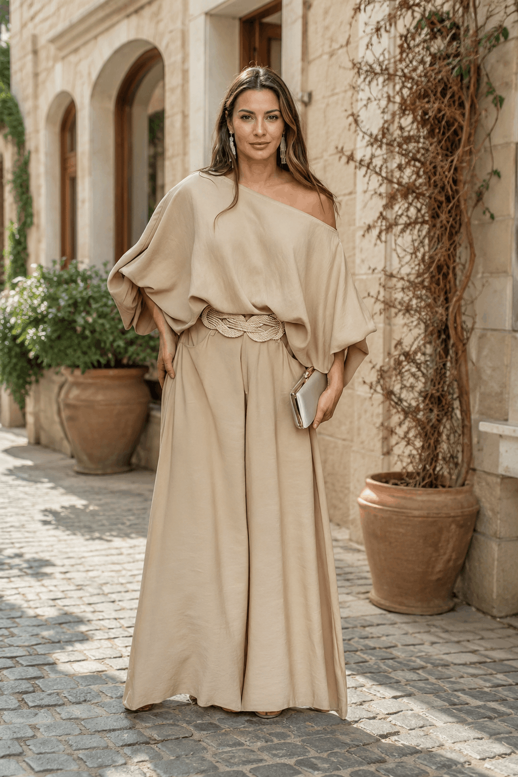 Women Summer 2 Piece Outfits Off Shoulder Top Flowy Wide Leg Pants Set Vacation Travel Airport Outfits