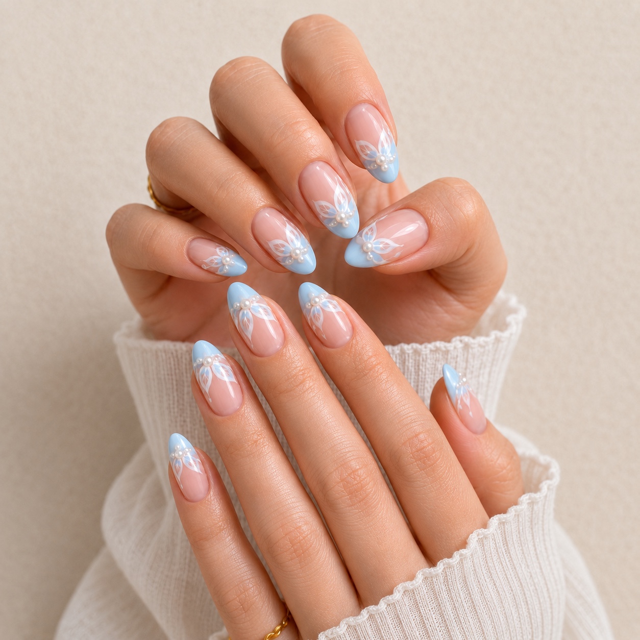 Blue French Tip Almond Press On Nails with Glue, Acrylic Butterfly Pearl Fake Nails for Women, Elegant Handmade 3D Stick On Nails