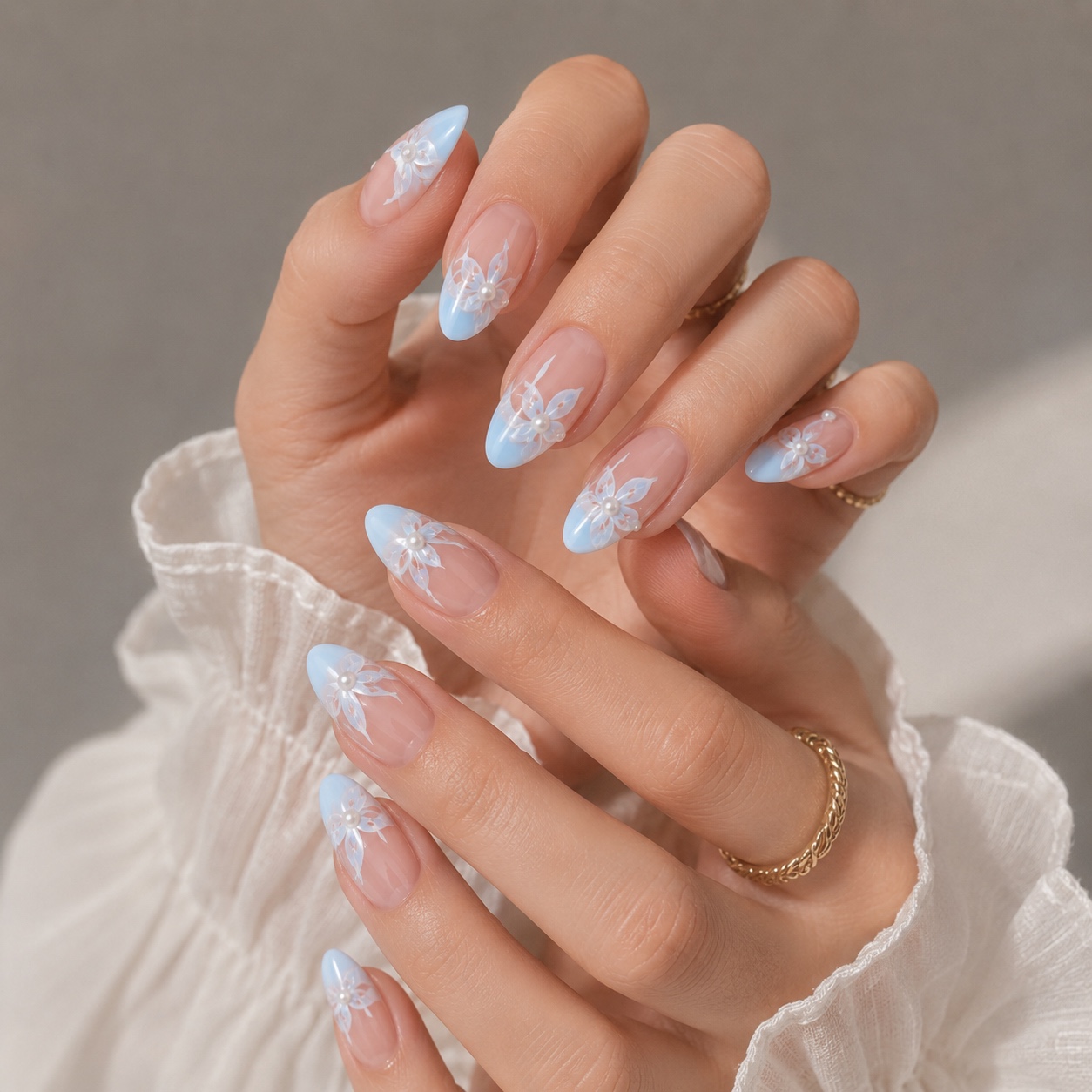Blue French Tip Almond Press On Nails with Glue, Acrylic Butterfly Pearl Fake Nails for Women, Elegant Handmade 3D Stick On Nails