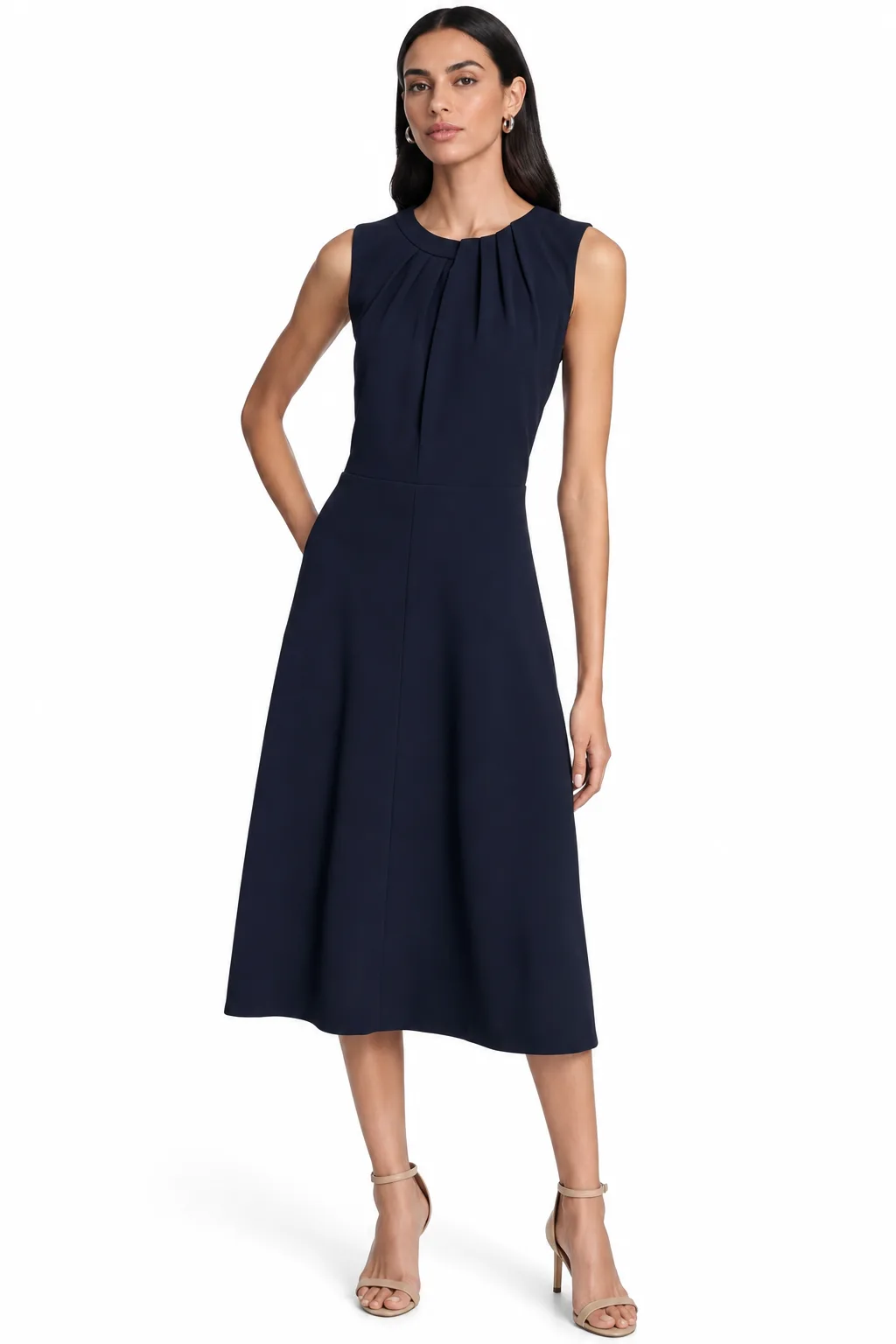 Calvin Klein Women's Sleeveless Pleat Neck Crepe A-line Midi Dress — Calvin Klein — Fashion Trends