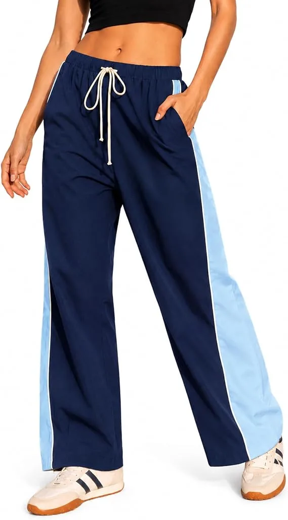 Women's color block parachute pants, baggy wide-leg Y2K trousers with elastic waist for jogging and casual wear