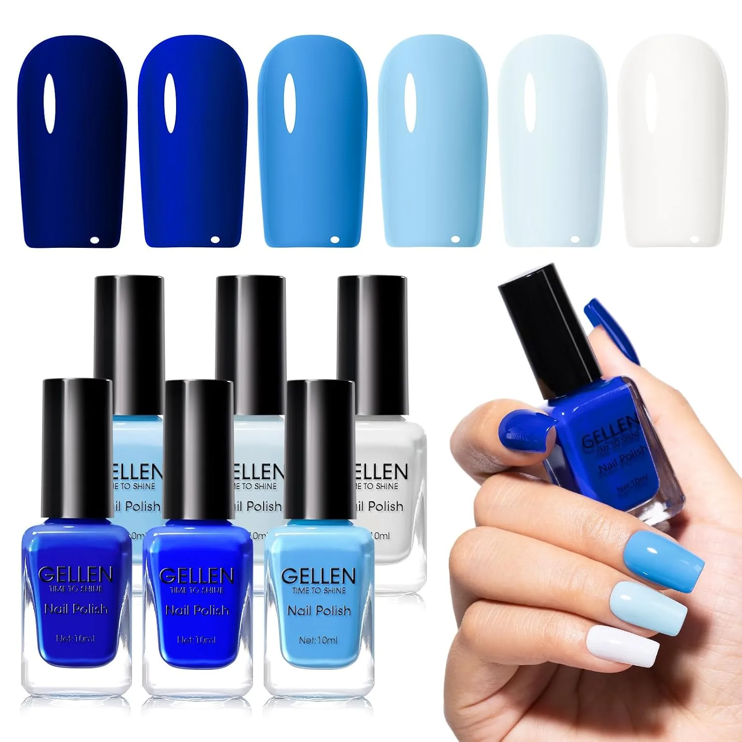 GELLEN Blue Nail Polish bottle, quick air-dry HEMA-free formula with gel-like shine and no lamp needed