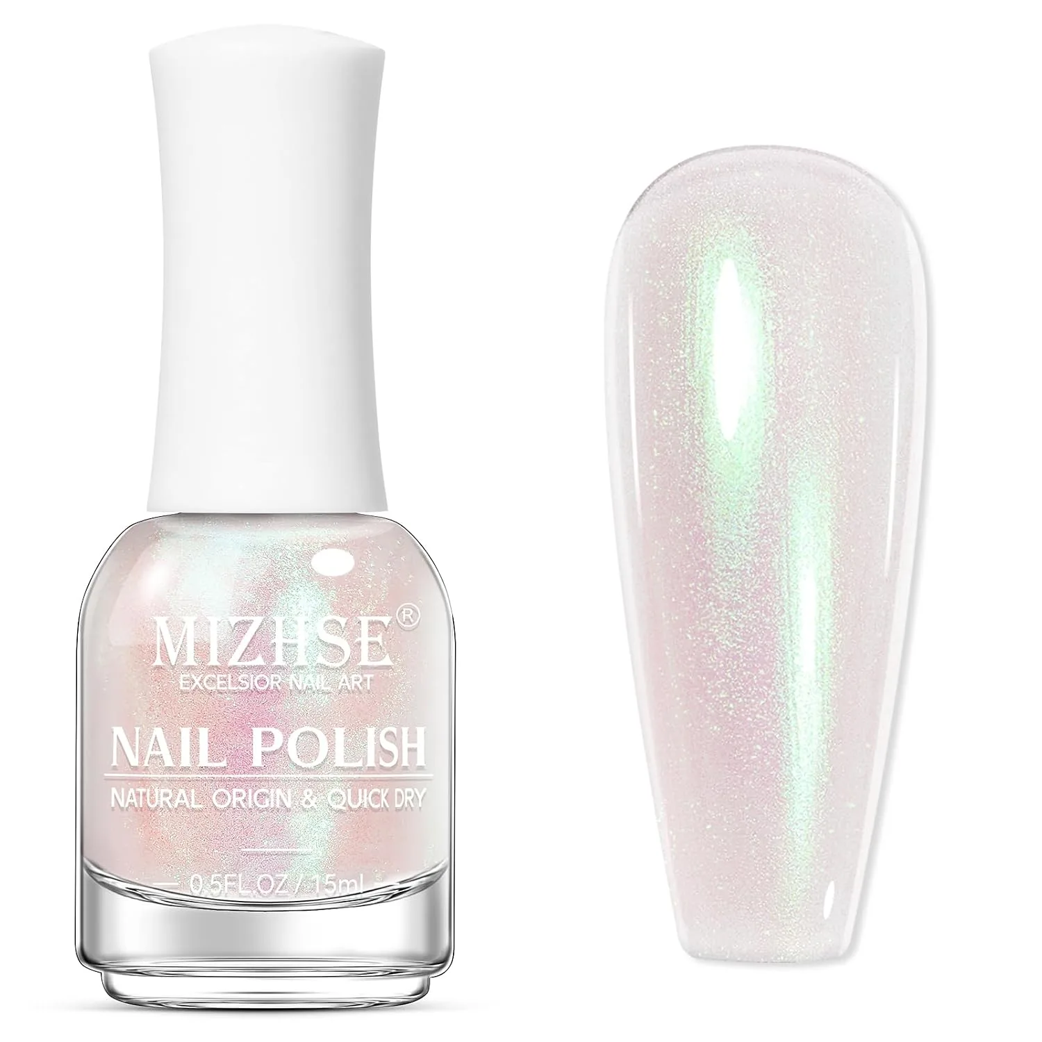 MIZHSE Aurora Pink Nail Polish bottle, quick-dry shimmer formula with high-shine sparkling finish for manicures