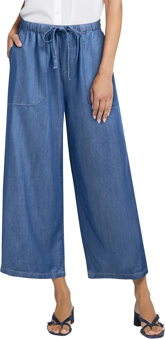 POTILI Women's Tencel denim palazzo pants, flowy chambray wide-leg trousers with functional side pockets for comfort