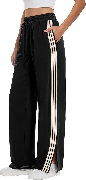 ANRABESS Women's striped wide-leg track pants, relaxed athletic sweatpants with side stripe detail for casual comfort