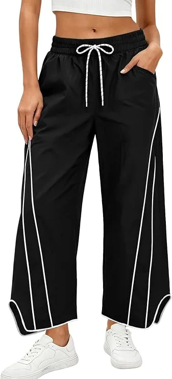 Women's baggy wide-leg striped track pants, Y2K style joggers with drawstring waist and pockets for athletic wear