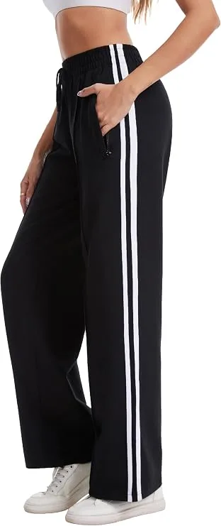 Houmous Women's cotton wide-leg sweatpants, stretchy athletic track pants with zip pockets for lounge or workout
