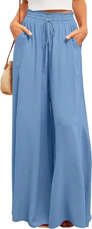 Ulovmi women's wide leg palazzo pants featuring high waist, flowy silhouette, comfortable lounge fit, and practical pockets