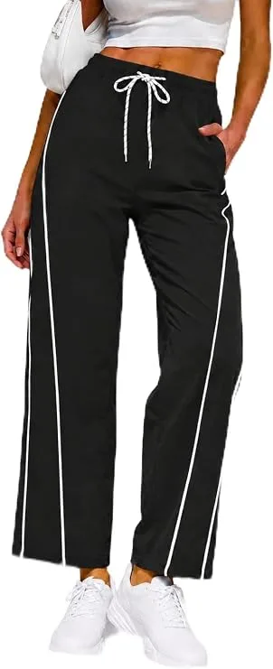 Rapbin womens baggy wide leg cropped track pants featuring elastic drawstring waist, practical pockets, relaxed fit, and sporty styling