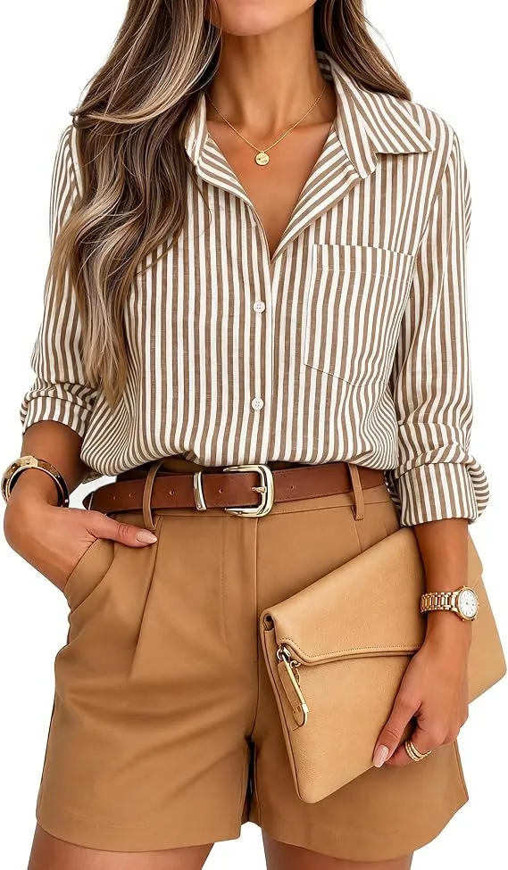 ZESICA Women Long Sleeve Striped Business Casual Button Shirts